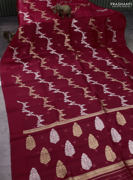 Banarasi organza silk saree maroon with allover silver & gold zari weaves and simple border