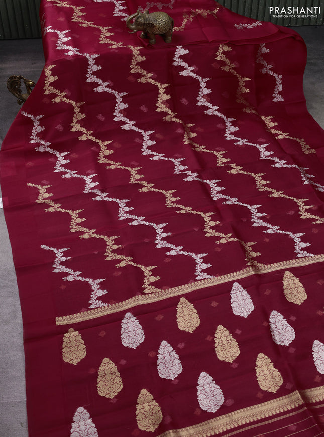 Banarasi organza silk saree maroon with allover silver & gold zari weaves and simple border
