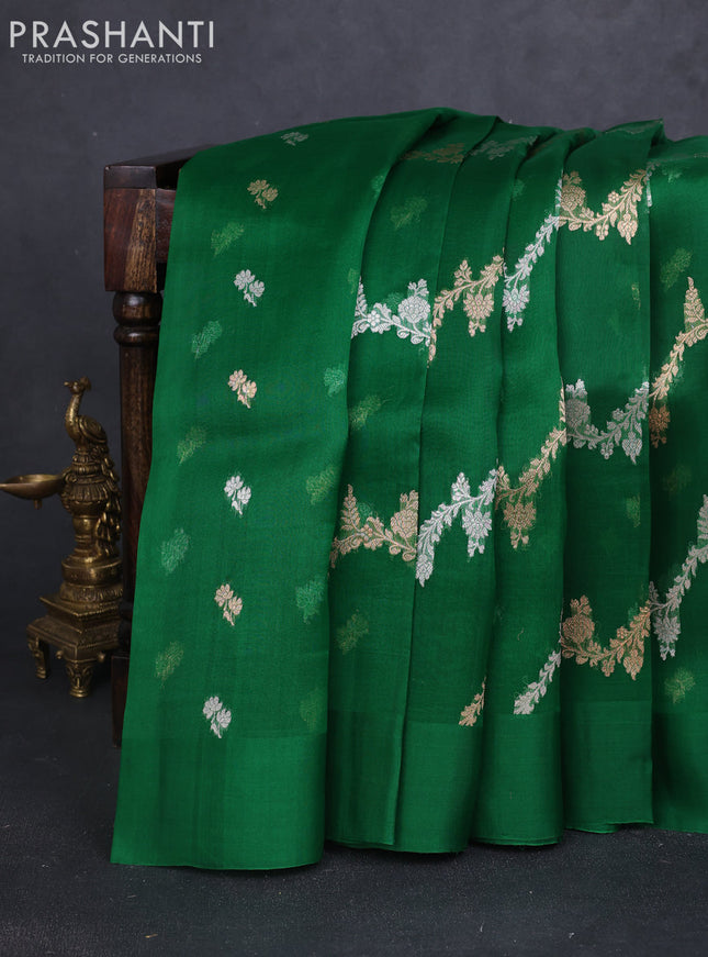 Banarasi organza silk saree green with allover silver & gold zari weaves and simple border