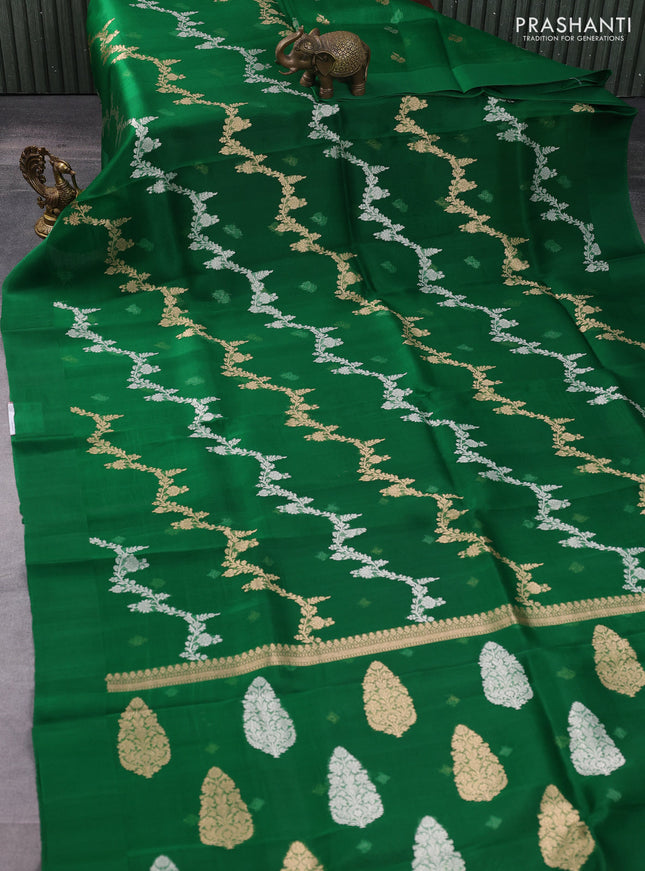 Banarasi organza silk saree green with allover silver & gold zari weaves and simple border