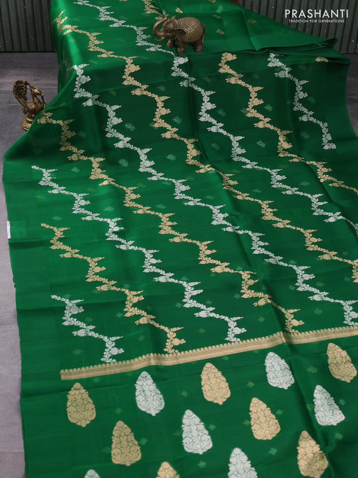Banarasi organza silk saree green with allover silver & gold zari weaves and simple border