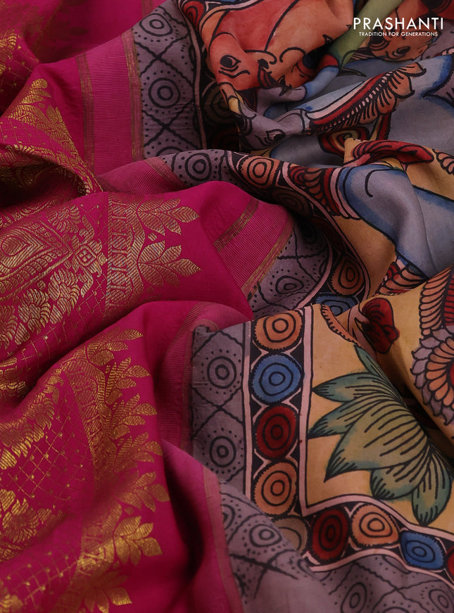 Pure kanchipuram silk saree pale orange and pink with allover penkalamkari prints and rich zari woven border