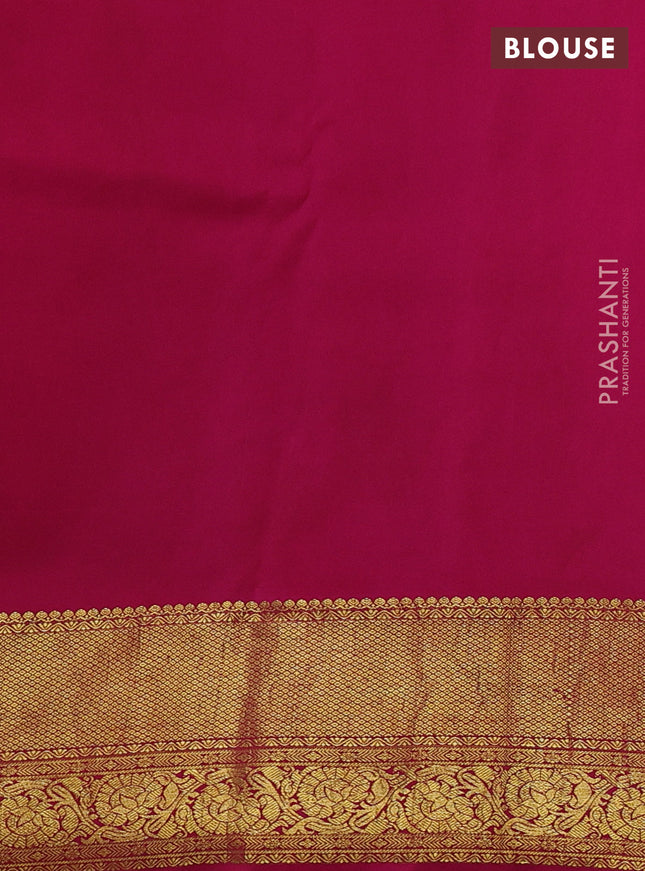 Pure kanchipuram silk saree pale orange and pink with allover penkalamkari prints and rich zari woven border