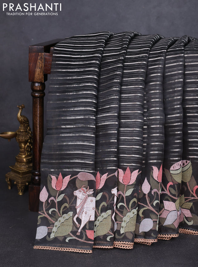 Pure organza silk saree black with allover silver zari weaves and pichwai embroidery border