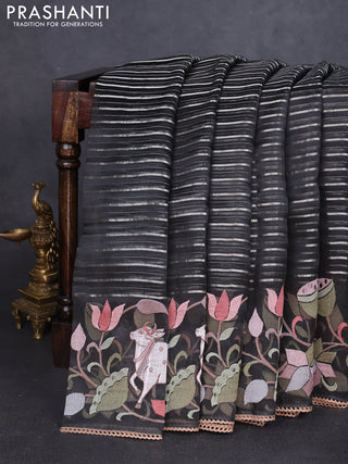 Pure organza silk saree black with allover silver zari weaves and pichwai embroidery border