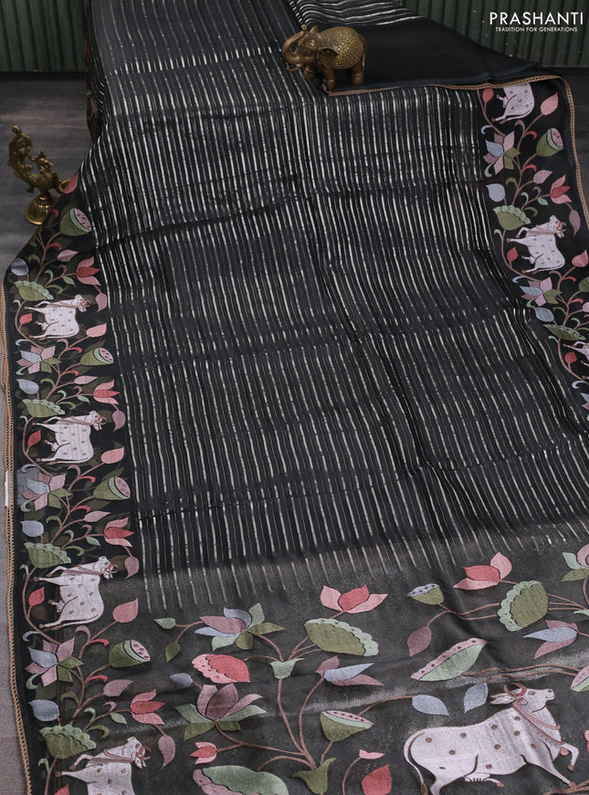 Pure organza silk saree black with allover silver zari weaves and pichwai embroidery border