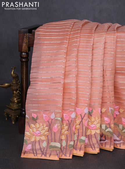 Pure organza silk saree peach shade and pale yellow with allover silver zari weaves and floral embroidery border