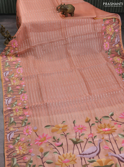 Pure organza silk saree peach shade and pale yellow with allover silver zari weaves and floral embroidery border