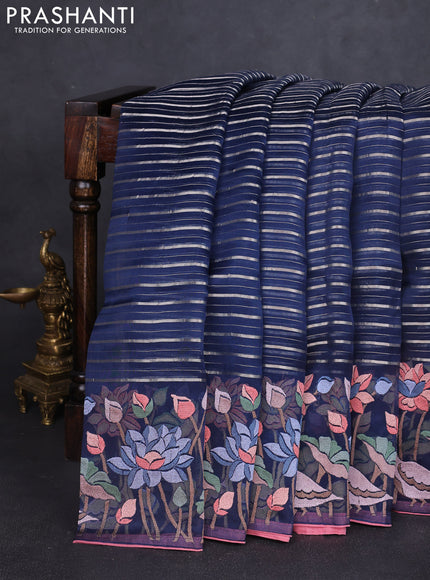 Pure organza silk saree peacock blue and peach pink with allover silver zari weaves and floral embroidery border
