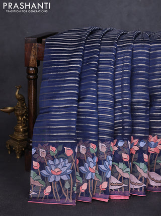 Pure organza silk saree peacock blue and peach pink with allover silver zari weaves and floral embroidery border