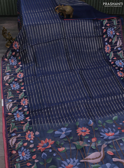 Pure organza silk saree peacock blue and peach pink with allover silver zari weaves and floral embroidery border
