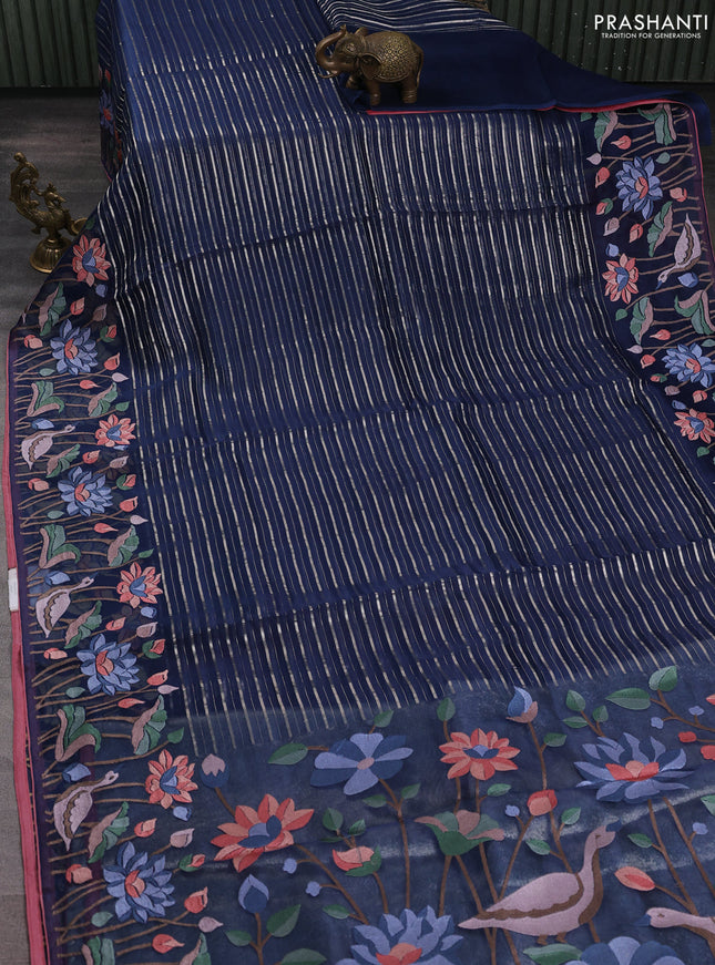 Pure organza silk saree peacock blue and peach pink with allover silver zari weaves and floral embroidery border