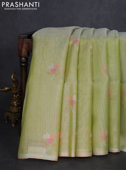 Pure organza silk saree pista green with allover embroidery sequin work