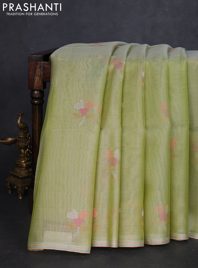 Pure organza silk saree pista green with allover embroidery sequin work