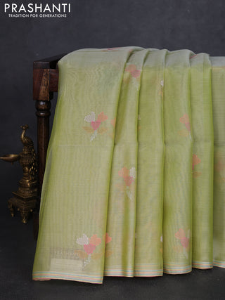 Pure organza silk saree pista green with allover embroidery sequin work