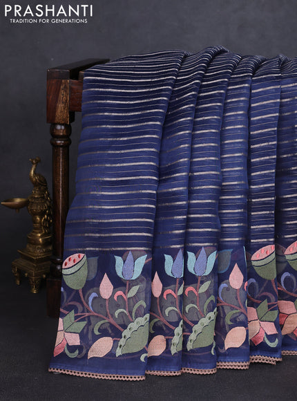 Pure organza silk saree peacock blue with allover silver zari weaves and pichwai embroidery border