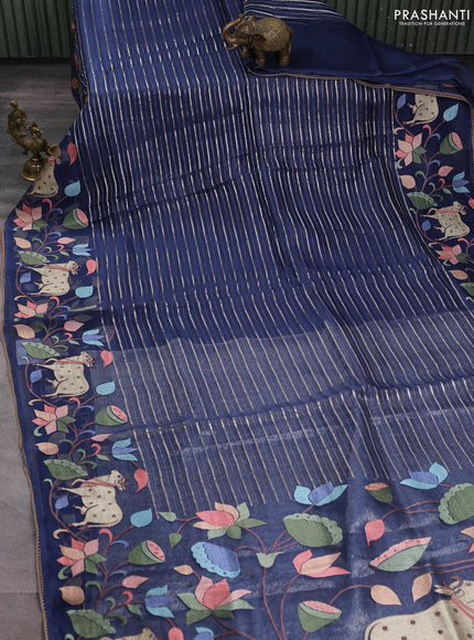 Pure organza silk saree peacock blue with allover silver zari weaves and pichwai embroidery border
