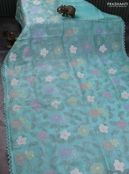 Pure organza silk saree teal blue with floral embroidery work and lace work border