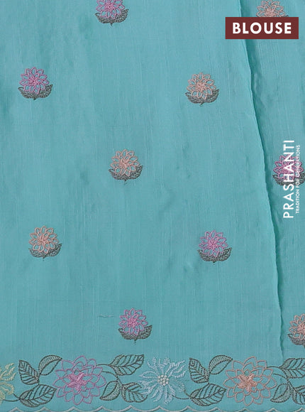 Pure organza silk saree teal blue with floral embroidery work and lace work border