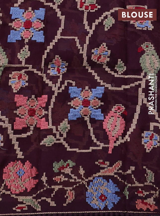 Pure organza silk saree purple and wine shade with plain body and floral embroidery border