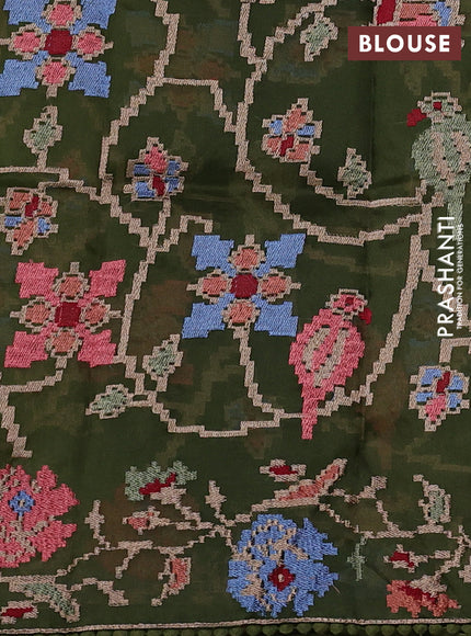 Pure organza silk saree sap green with plain body and floral embroidery border