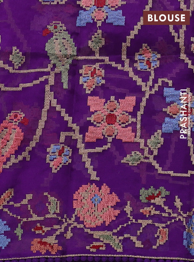 Pure organza silk saree violet with plain body and floral embroidery border