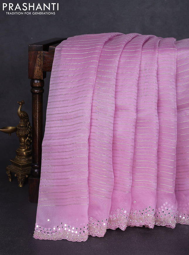 Pure organza silk saree mild lavender with allover zari weaves and sequin mirror work border