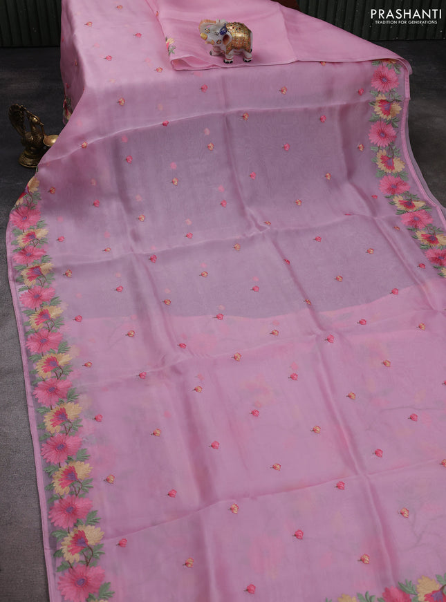 Pure organza silk saree baby pink with thread woven embroidery buttas and floral embroidery border