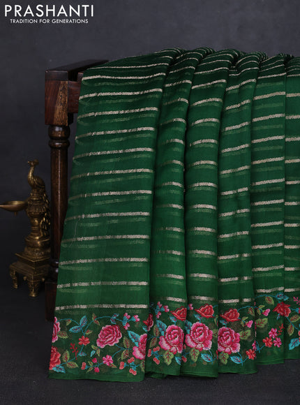 Pure organza silk saree green with allover zari weaves and floral embroidery border