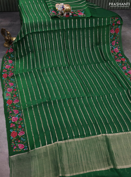 Pure organza silk saree green with allover zari weaves and floral embroidery border