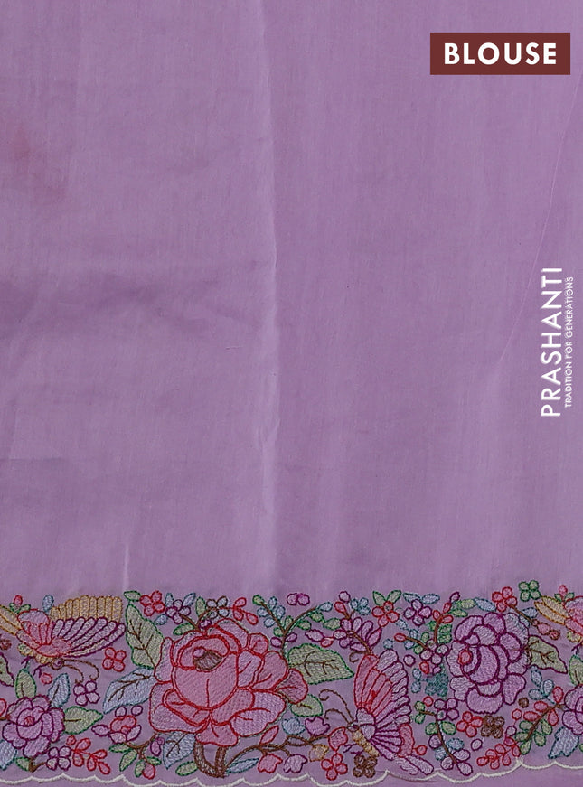 Pure organza silk saree lavender with allover silver & zari stripes pattern and floral embroidery border
