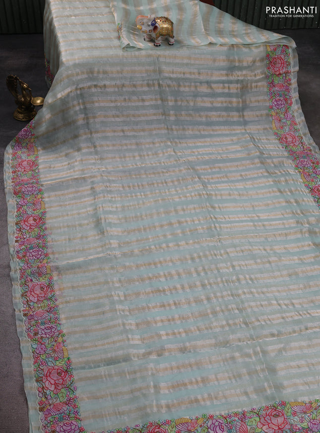 Pure organza silk saree pastel green with allover silver & zari stripes pattern and floral embroidery border