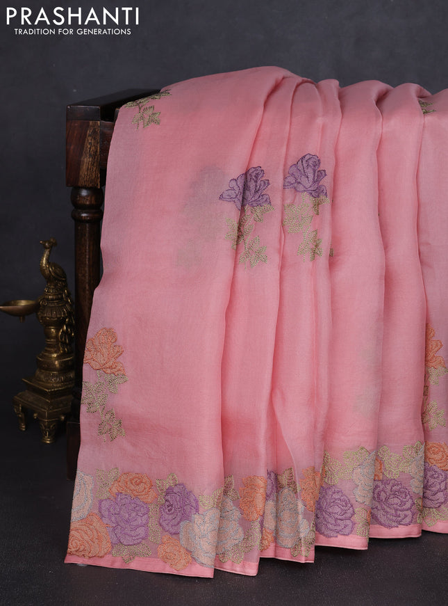 Pure organza silk saree peach pink with floral embroidery work and floral embroidery border