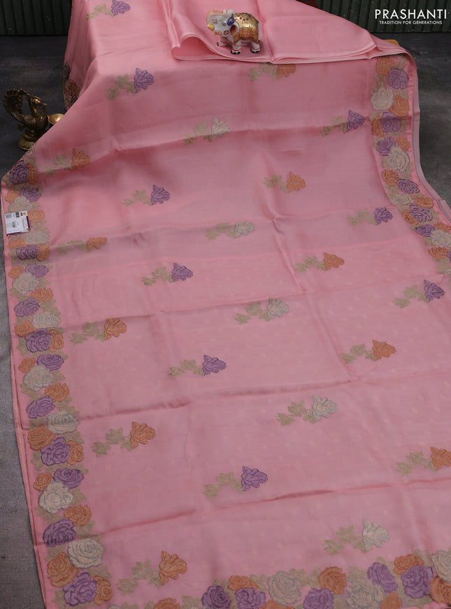 Pure organza silk saree peach pink with floral embroidery work and floral embroidery border