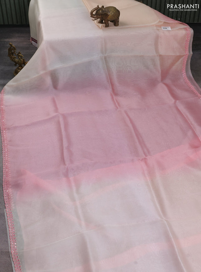 Pure organza silk saree peach pink and off white with plain body and embroidery mirror work border