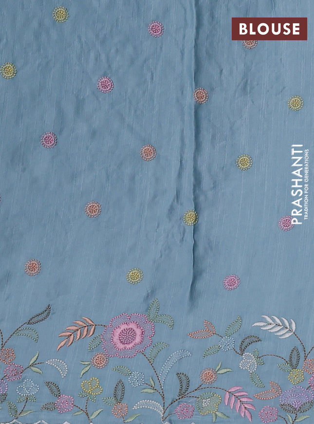 Pure organza silk saree blue shade with floral embroidery work and lace work border