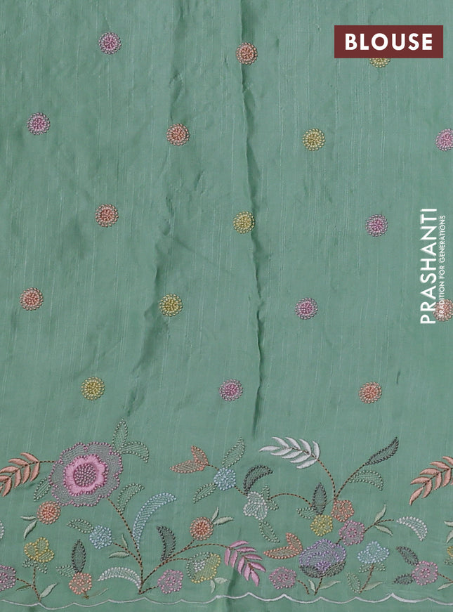 Pure organza silk saree pastel green with floral embroidery work and lace work border