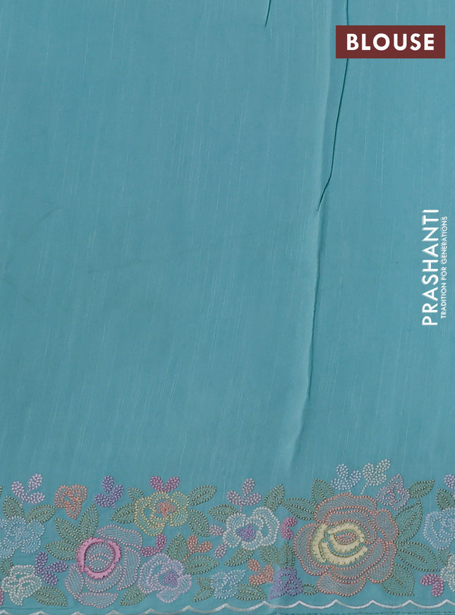 Pure organza silk saree teal blue with floral embroidery work and lace work border