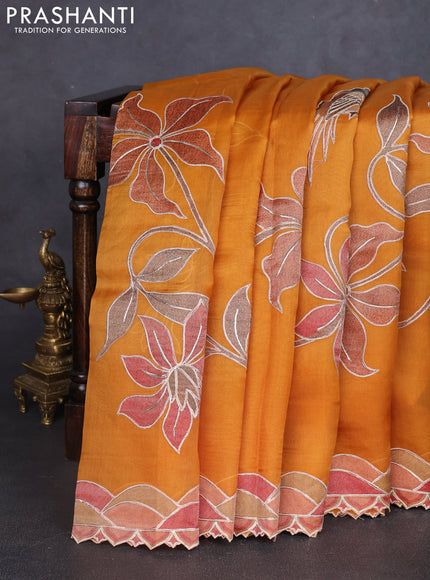 Pure organza silk saree dark mustard with prints & pita work