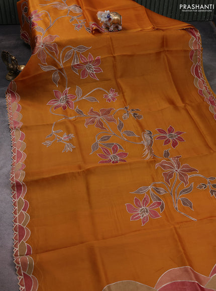 Pure organza silk saree dark mustard with prints & pita work