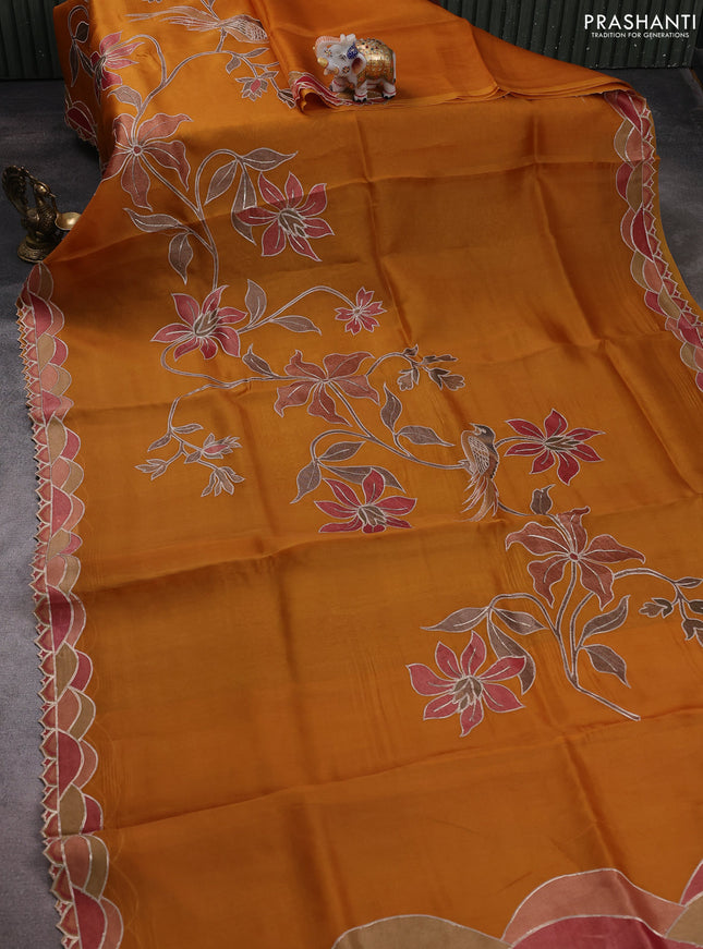 Pure organza silk saree dark mustard with prints & pita work