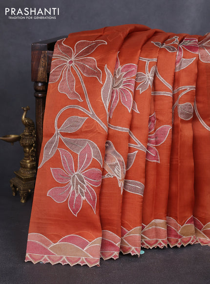 Pure organza silk saree rust shade with prints & pita work