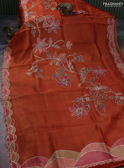 Pure organza silk saree rust shade with prints & pita work