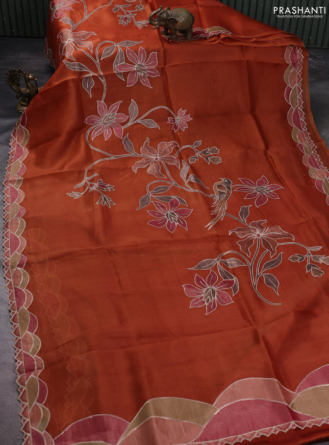 Pure organza silk saree rust shade with prints & pita work