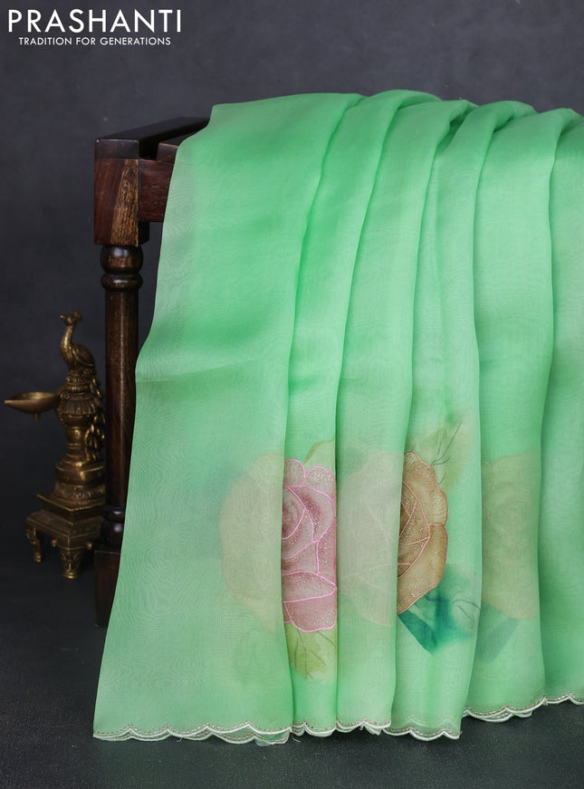 Pure organza silk saree teal green shade with floral embroidery work and scalp border