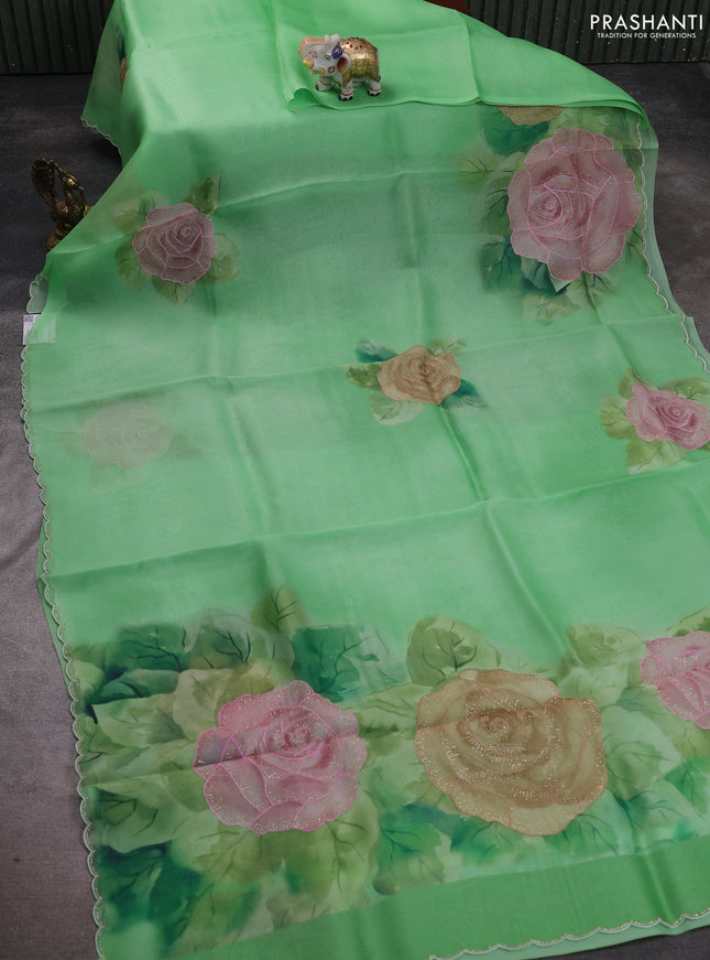 Pure organza silk saree teal green shade with floral embroidery work and scalp border