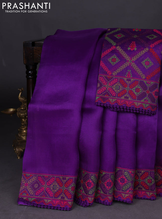 Pure organza silk saree violet with plain body and embroidery work border