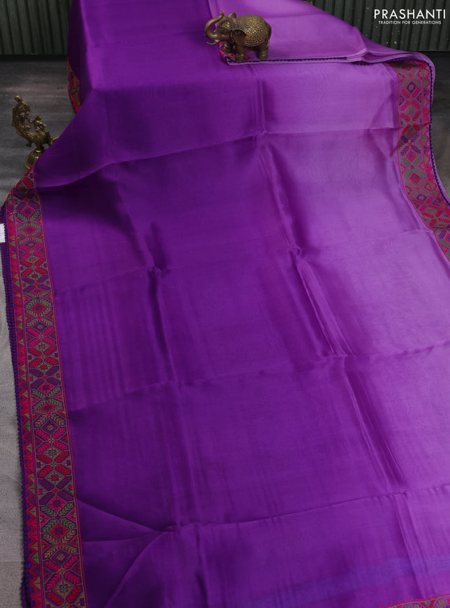 Pure organza silk saree violet with plain body and embroidery work border