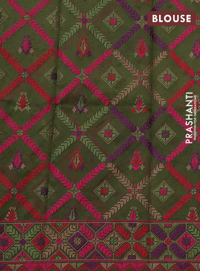 Pure organza silk saree mehendi green with plain body and embroidery work border