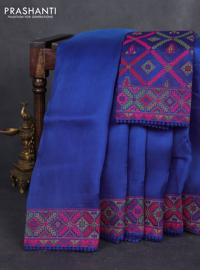 Pure organza silk saree blue with plain body and embroidery work border